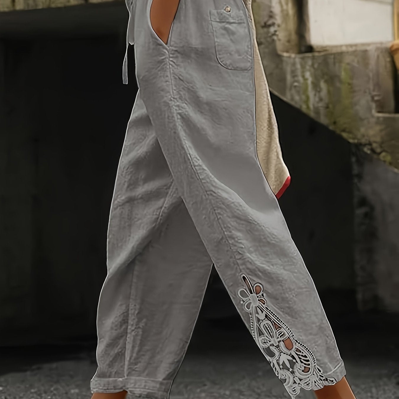 Women'S Casual Fashion Trousers - With Pockets, Waist Drawstring Design, Lace Stitching Design On The Trouser Legs, Suitable For Daily Commuting, Casual Outings, Vacation Travel, Spring, Summer And Autumn Trousers