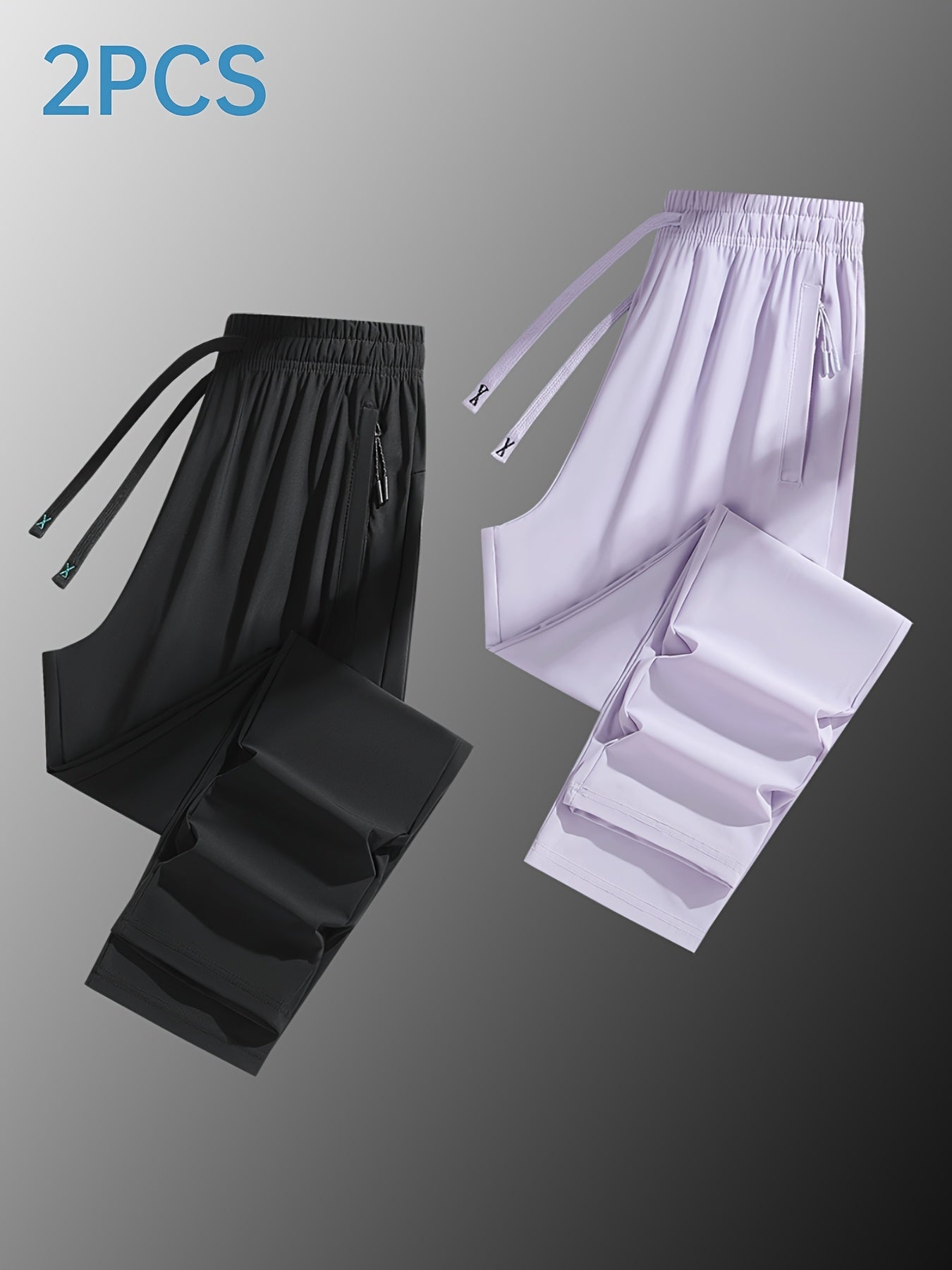 Two Pairs Of Summer Women's Long Pants, Solid-color Pants for Women, Elastic Drawstrings At The Waist, Hidden Zipper Pockets, Straight-leg Pants with Nylon And Spandex Medium-elastic Fabric, Ice Silky Quick-drying Pants, Wome