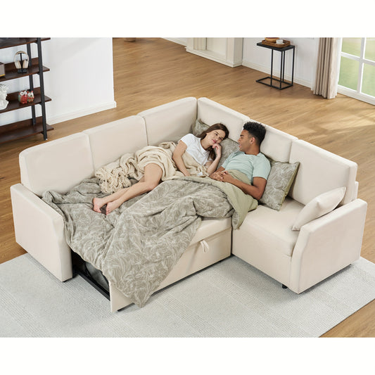 L-Shaped Sleeper Sofa, 85-Inch Beige Linen Fabric Sofa Bed With Pull-Out Bed And Storage Seat For Apartment Living Room, Corner Sectional Couch