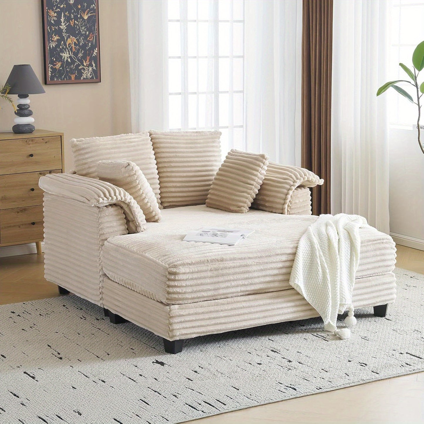 LEADZM Lounge Sofa, 56" Oversized Reading Sofa Corduroy Chaise Sofa Recliner Bed Upholstered Comfy Sleeper Couch with Throw Pillows And Armrests for Living Room, Movie Room, Bedroom