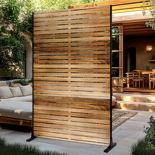 Natural Wood-Look Metal Privacy Screen, 4ft x 6ft - Freestanding Outdoor Fence with Bracket for Patio, Balcony, Backyard & Garden, Decorative Privacy Screen Panel, Metal Outdoor, 4ft W X 6ft H