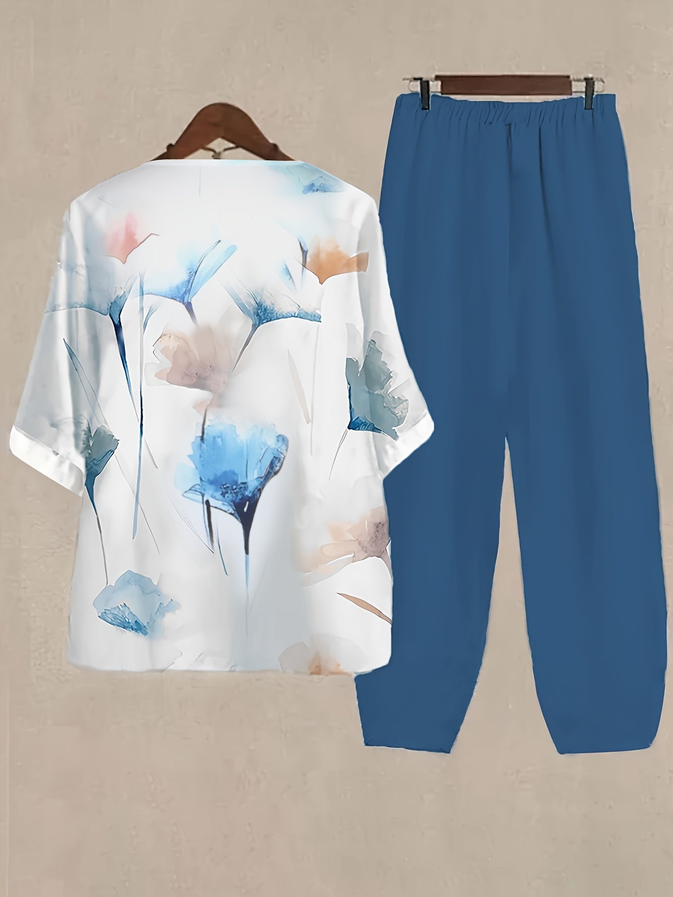 Women'S Floral Print Loose-Fit Casual Pants - Round Neck, Short Sleeve, Lightweight Polyester, Perfect for Spring & Summer Outings, Relaxed Fit Pants | Floral Print Pants | Comfortable Wear