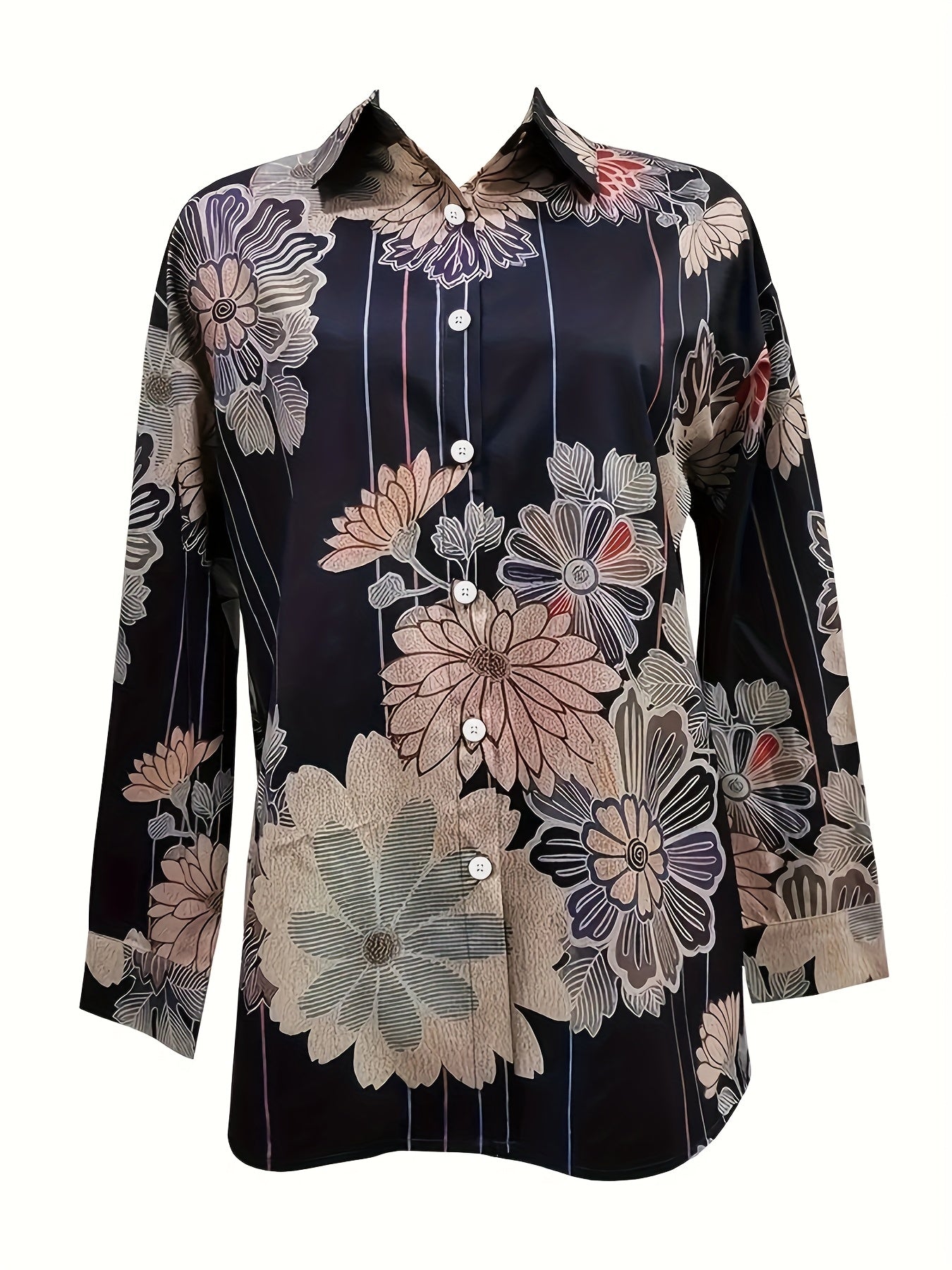 [Vintage Floral Shirt] Vintage Floral Print Women's Long Sleeve Shirt | Casual Button-Up Blouse with Classic Collar, Machine Washable Non-See-Through Fabric, All-Season Versatile Top
