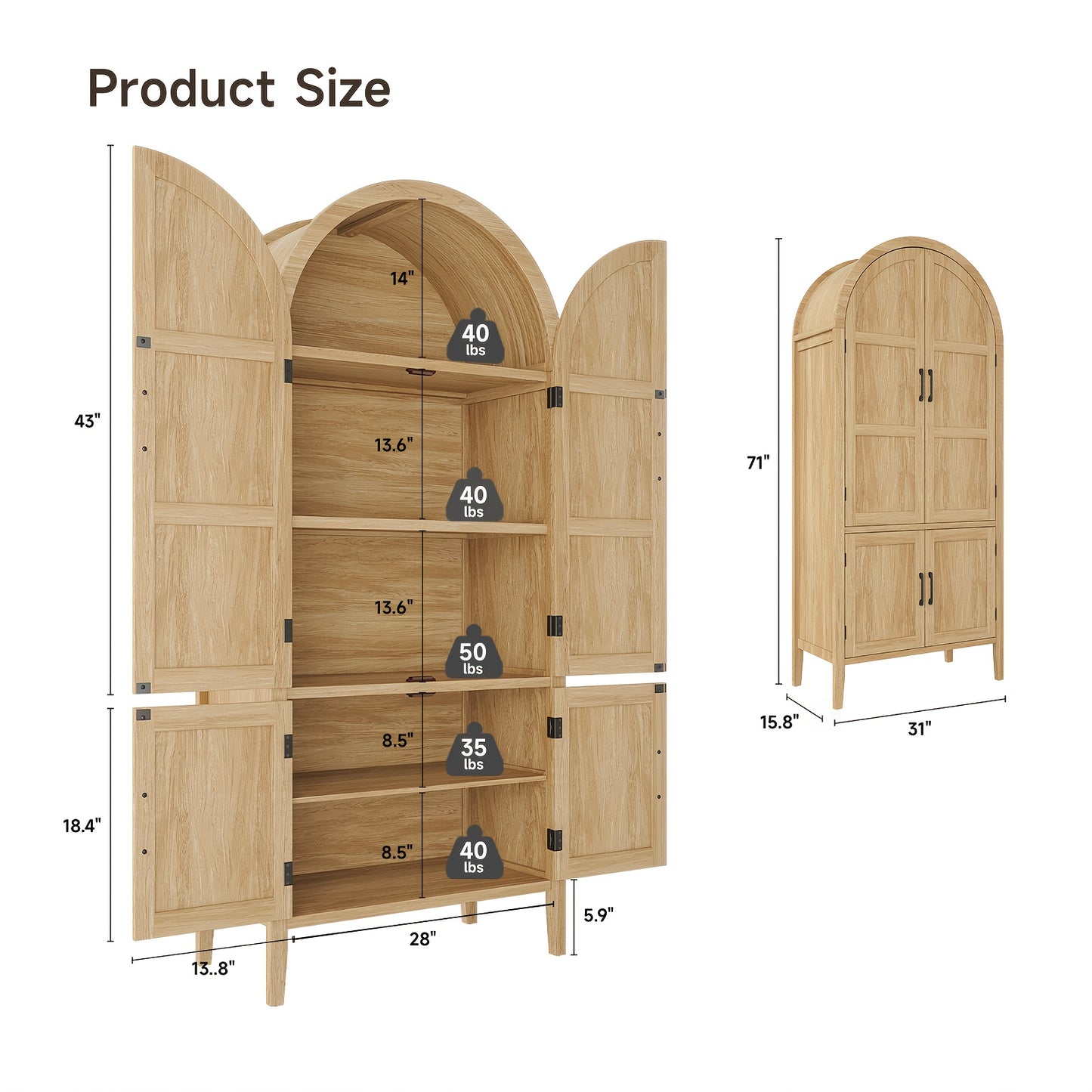 71 Inch Tall Arched Cabinet, 5 Tier Arched Kitchen Pantry Cabinet with Doors And Shelves, Modern Farmhouse Kitchen Storage Cabinet with Adjustable Feet for Living Room And Dining Room, Oak