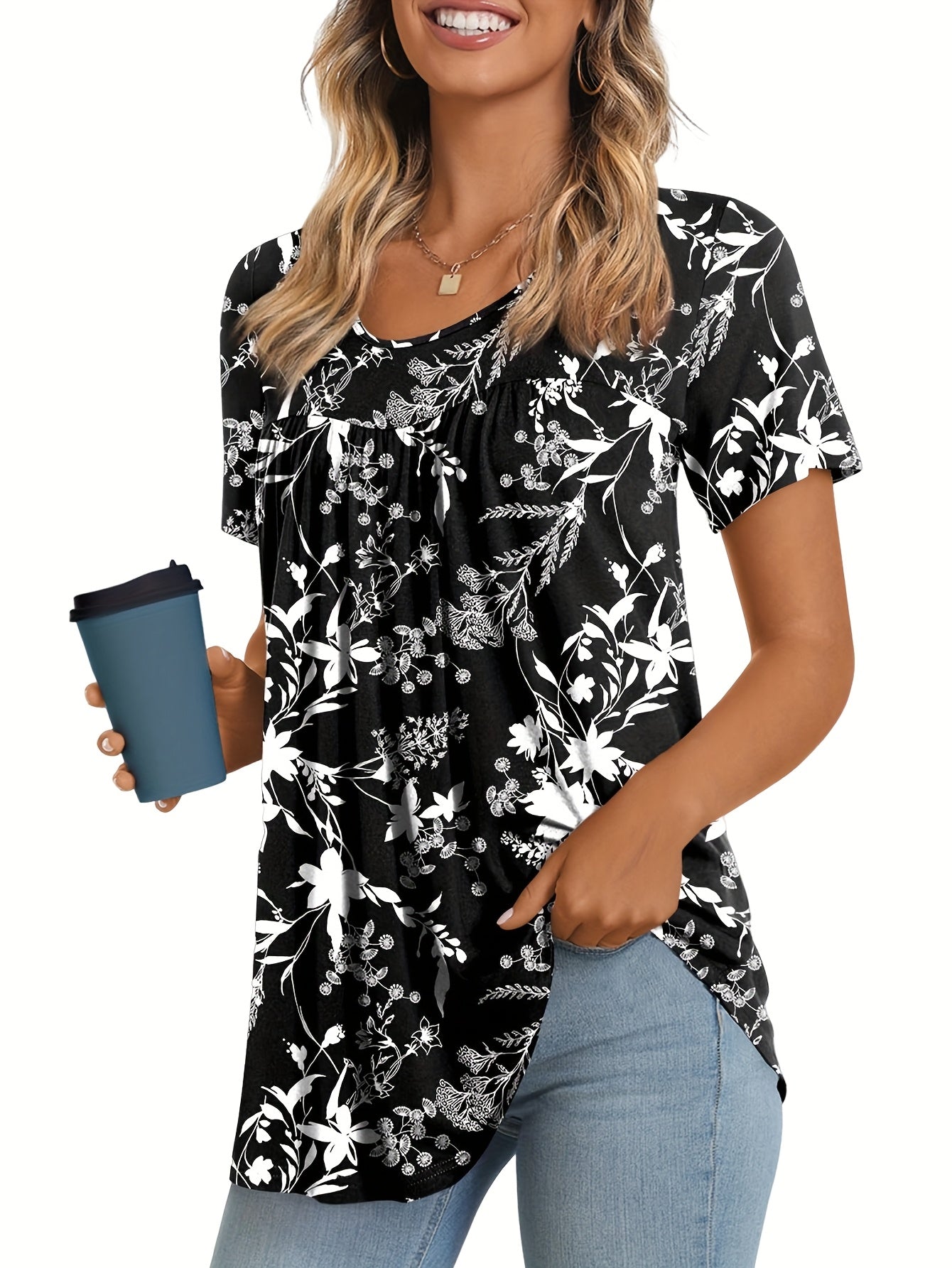 Three-Piece Women's Comfortable Loose-Fit Casual Shirt with Round Neck and Ruffled Short Sleeves