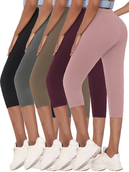 5pcs Women's Super Soft Capri Leggings - High Stretch, Non-See-Through Athletic Pants for Yoga & Running