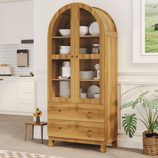 71" Tall Farmhouse Kitchen Cabinet with 2 Large Drawers - Heavy-Duty Hardwood Construction, Arched Design, Adjustable Shelf - Freestanding Storage Organizer for Kitchen, Dining Room, Bathroom - Space-Saving Vertical Storage S