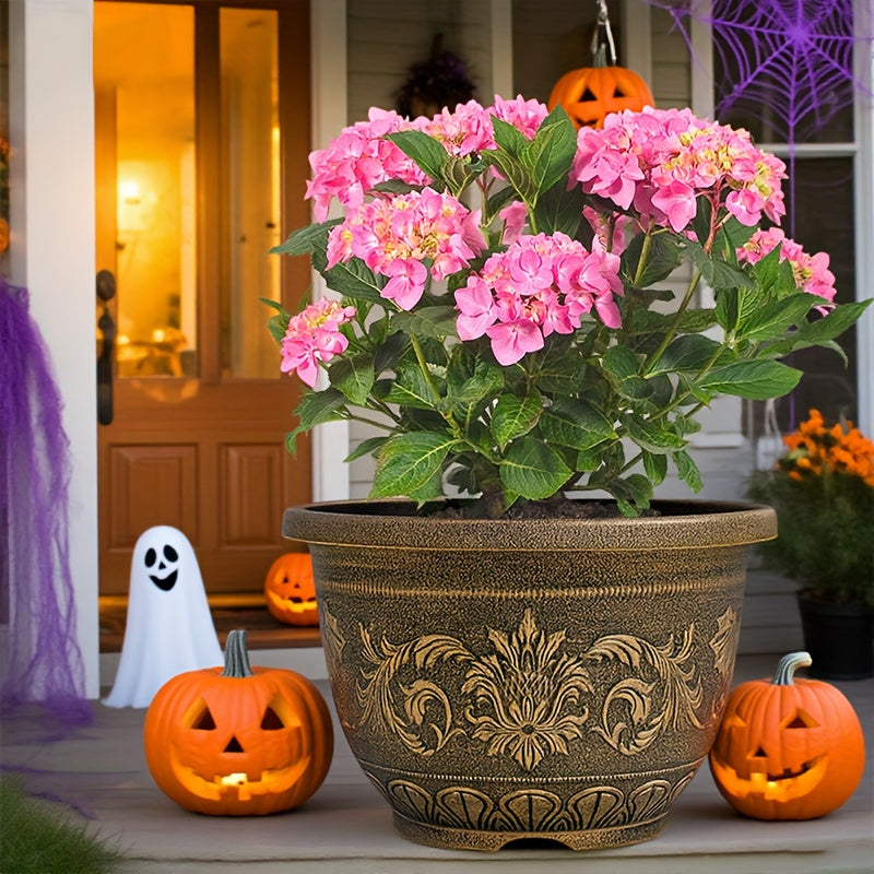 2pcs 17" Heavy-Duty Bronze-Style Resin Planters, Decorative European Design, Bonsai & Succulent Planters, with Drainage Holes, for Harvest & Winter Celebrations, Versatile Gardening Supplies
