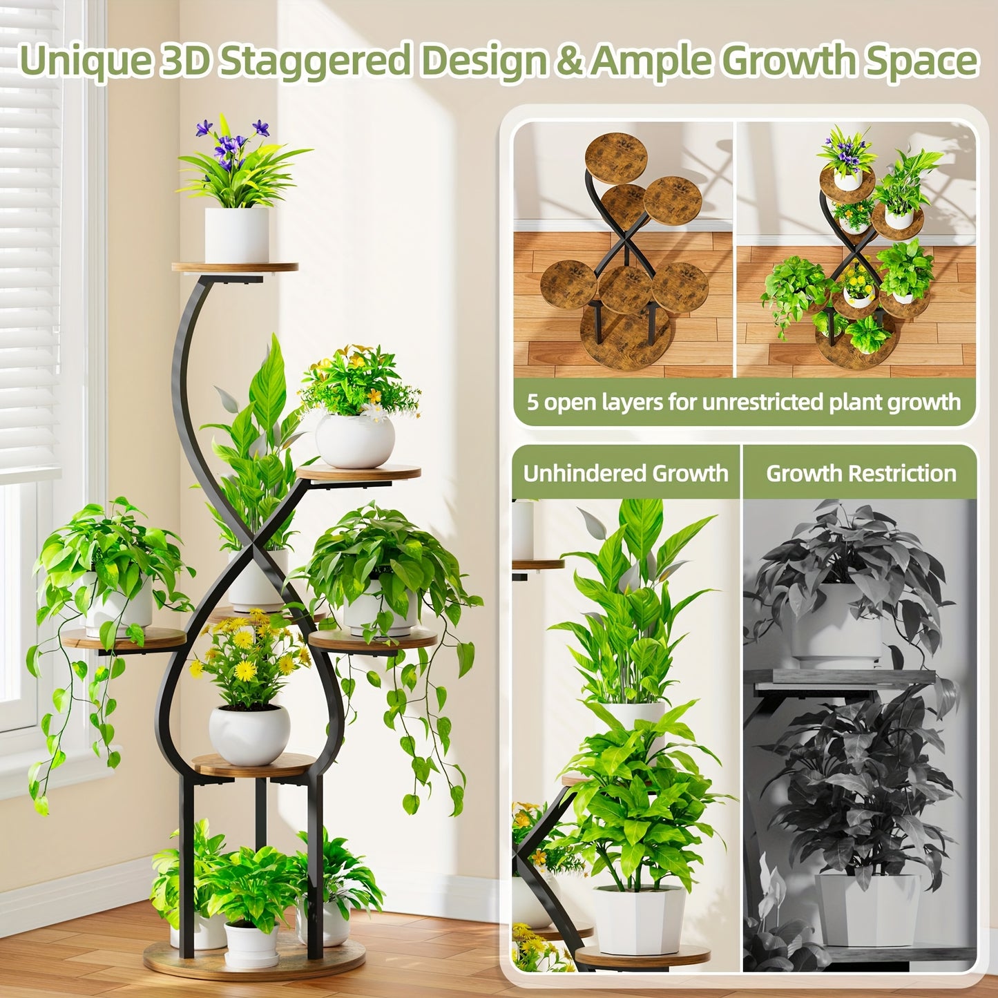 Indoor Plant Stand with Grow Light, 5-Tier 48-Inch Tall Metal Indoor Plant Shelf for Various Plants, Small Corner Display Rack Suitable for Living Room, Balcony, Patio, Hallway Decor, Brown