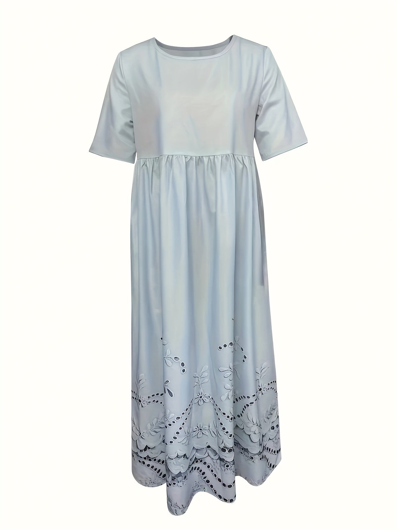 Women'S Light Blue Floral Print Casual Dress - Short Sleeve, Round Neck, Ruffled Hem with Belt Detail, Lightweight Polyester Blend, Machine Washable, All-Season Comfort, Floral Print Dress