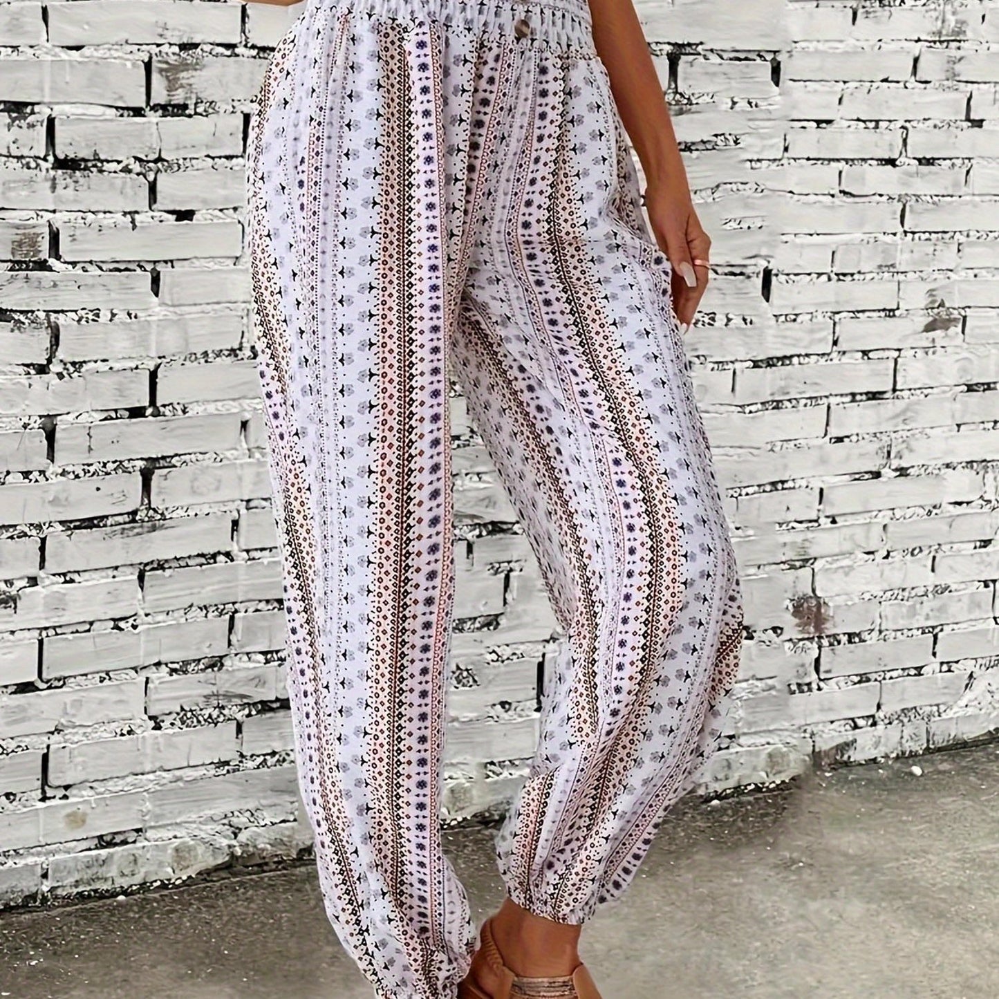 Women's Loose Fit Linen-Textured Polyester Harem Pants - Casual Summer Tapered Ankle Trousers with Pockets, Elastic Waist & Button Closure, Random Print for Outdoor
