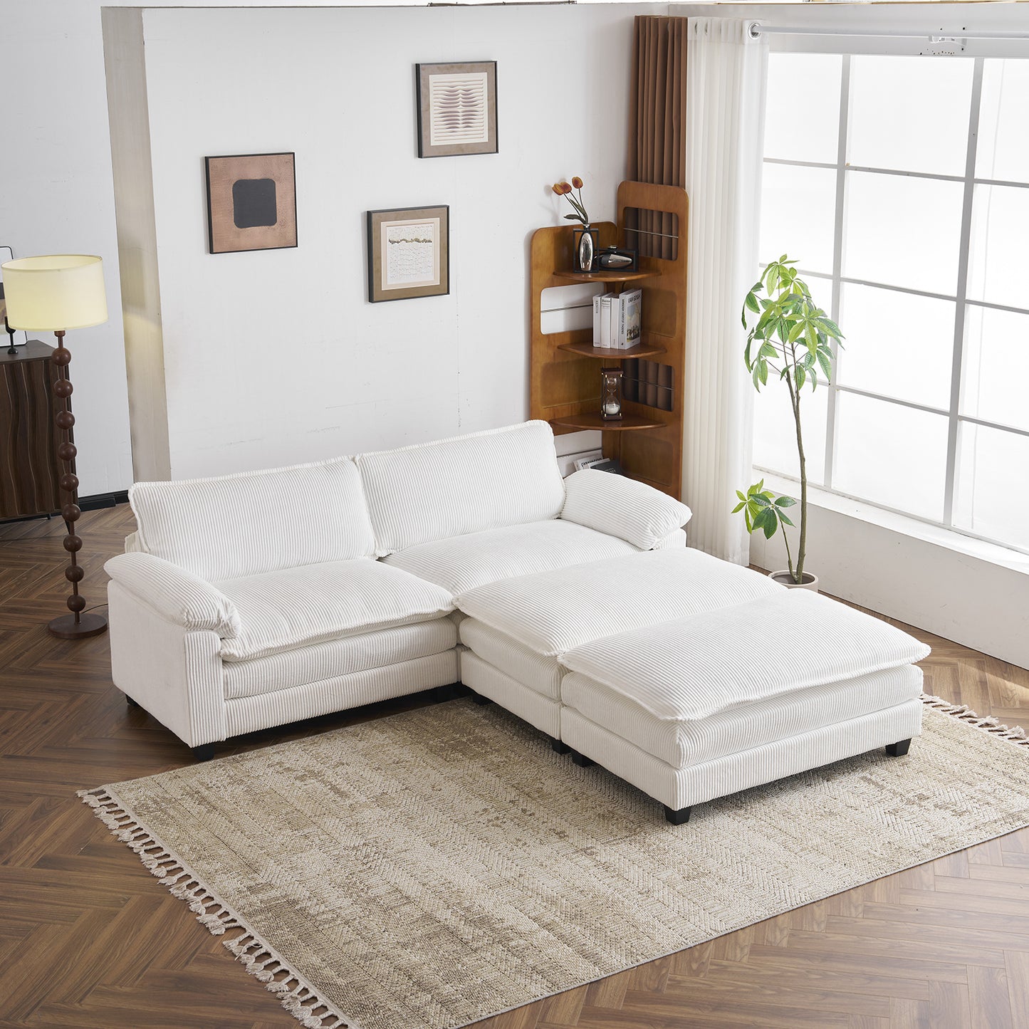 [Modern Cloud Sofa] MOTOOS 90.16 Inch Modern Corduroy Combination Cloud Sofa with Two Footstools, Double Layer Soft Cushion Double Sofa, Comfortable Sofa Bed, 2 Pillows and Removable Armrests
