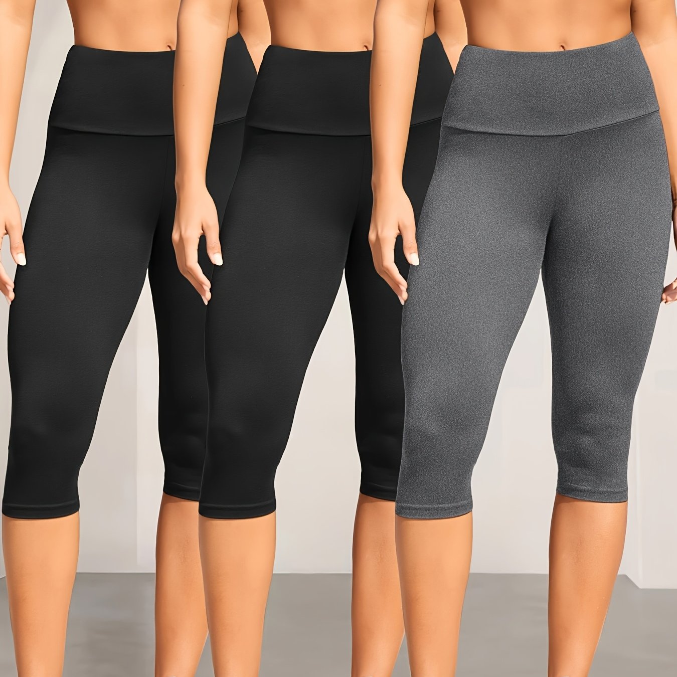 3-Pack Women's High Waisted Tummy Control Yoga Capri Pants - Super Soft Non-See Through Workout Leggings, High-Elasticity Machine Washable Solid Color for Running, Gym & Casual Wear (Spring/Summer/Fall)