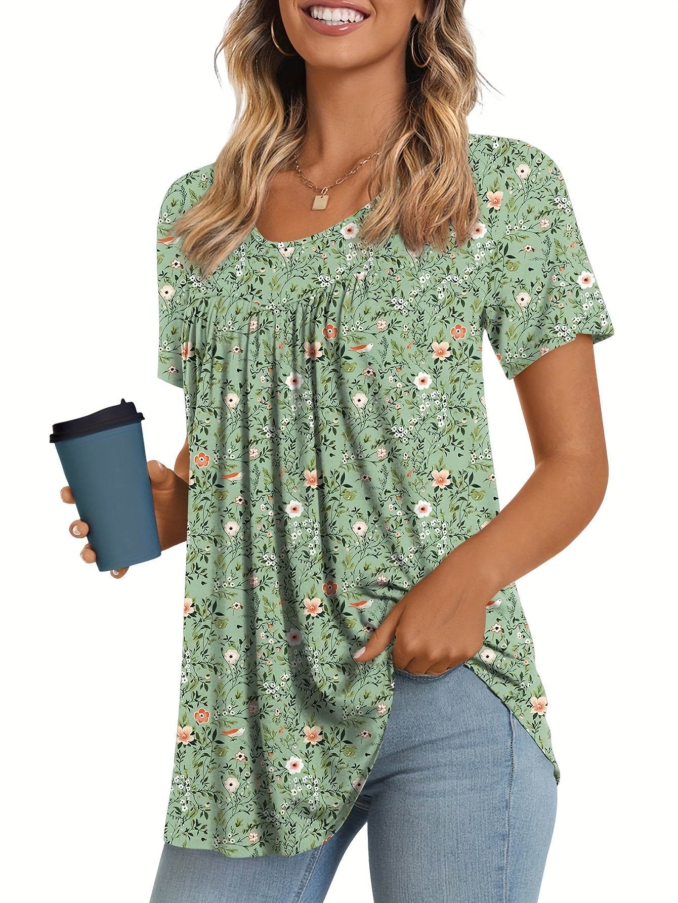 Three-Piece Women's Comfortable Loose-Fit Casual Shirt with Round Neck and Ruffled Short Sleeves