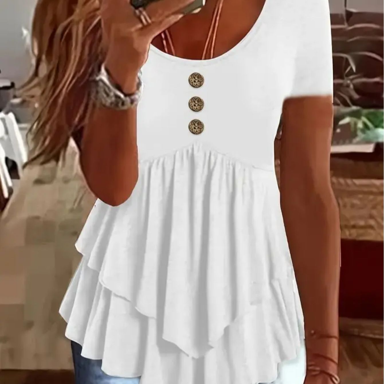 Women's Mint Green Crew Neck T-Shirt - Non-Stretch Casual Blouse with Front Button Closure, Tiered flare hem for Everyday & Formal Outfits - Machine Washable Summer Top, Ladies T-shirts, Nonstretch Fabric, Spring Fashion, Lig
