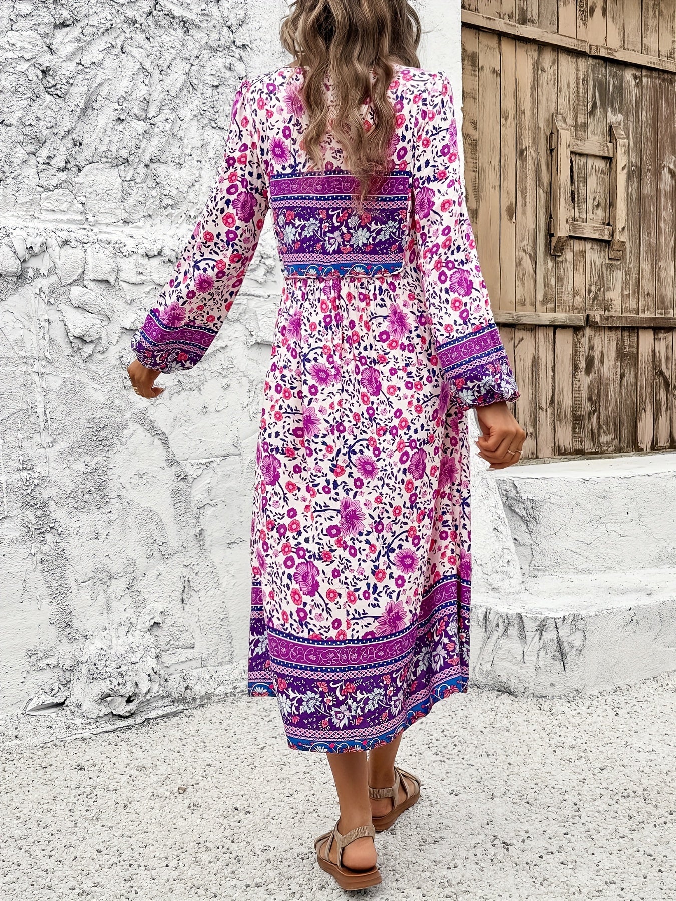 ZAFUL Women's Casual Loose Bohemian Tassel Print Long Sleeve Dress