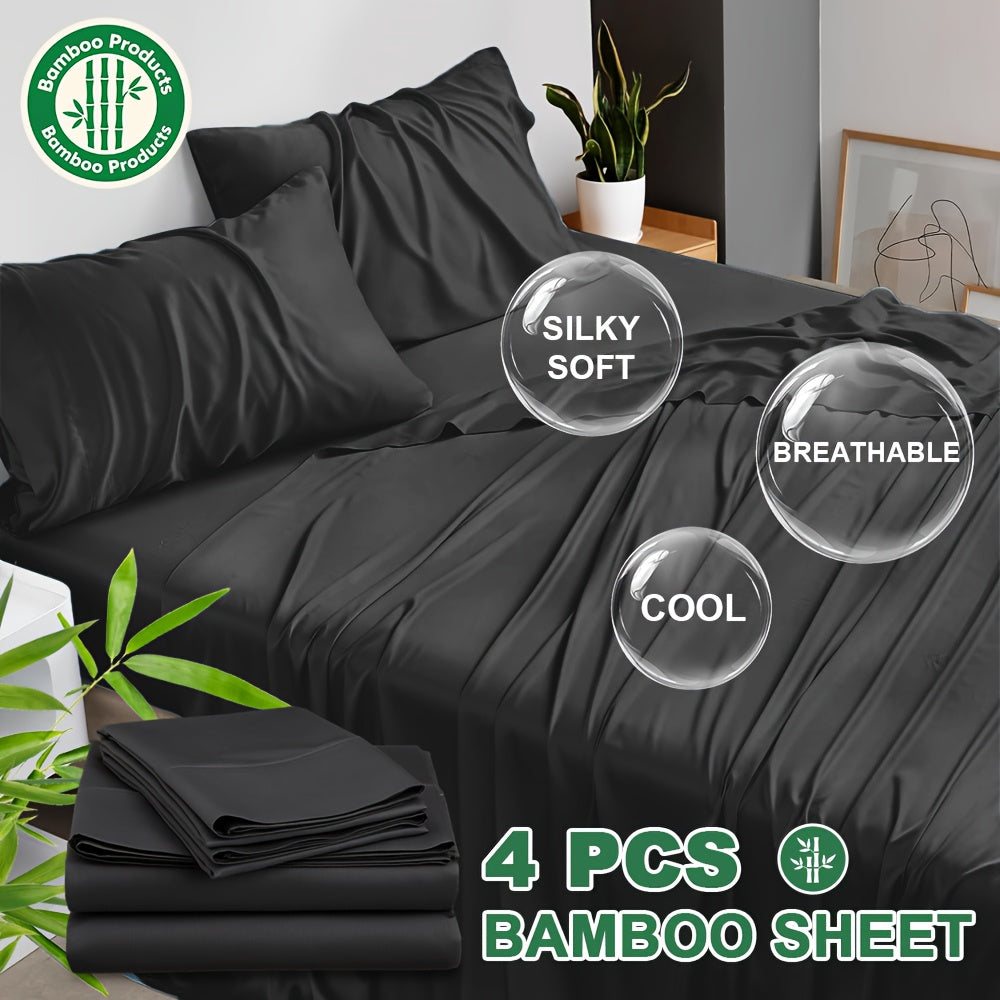4pcs Cooling Bamboo Blend Bed Sheet Set, Deep Pocket 20" Bed Sheet, Creating A Five Star Hotel Like Luxurious Experience, Deep Pockets (Up To 20"), Wrinkle, Fade, Fitted Sheet+Flat Sheet+Pillowcase