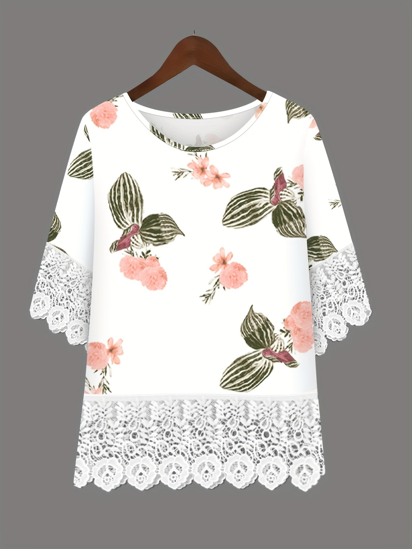 Women's Casual Set Floral Print Round Neck 3/4 Sleeve Lace Panel Top and Symmetrical Pocket Solid Color Pants Two-Piece Set