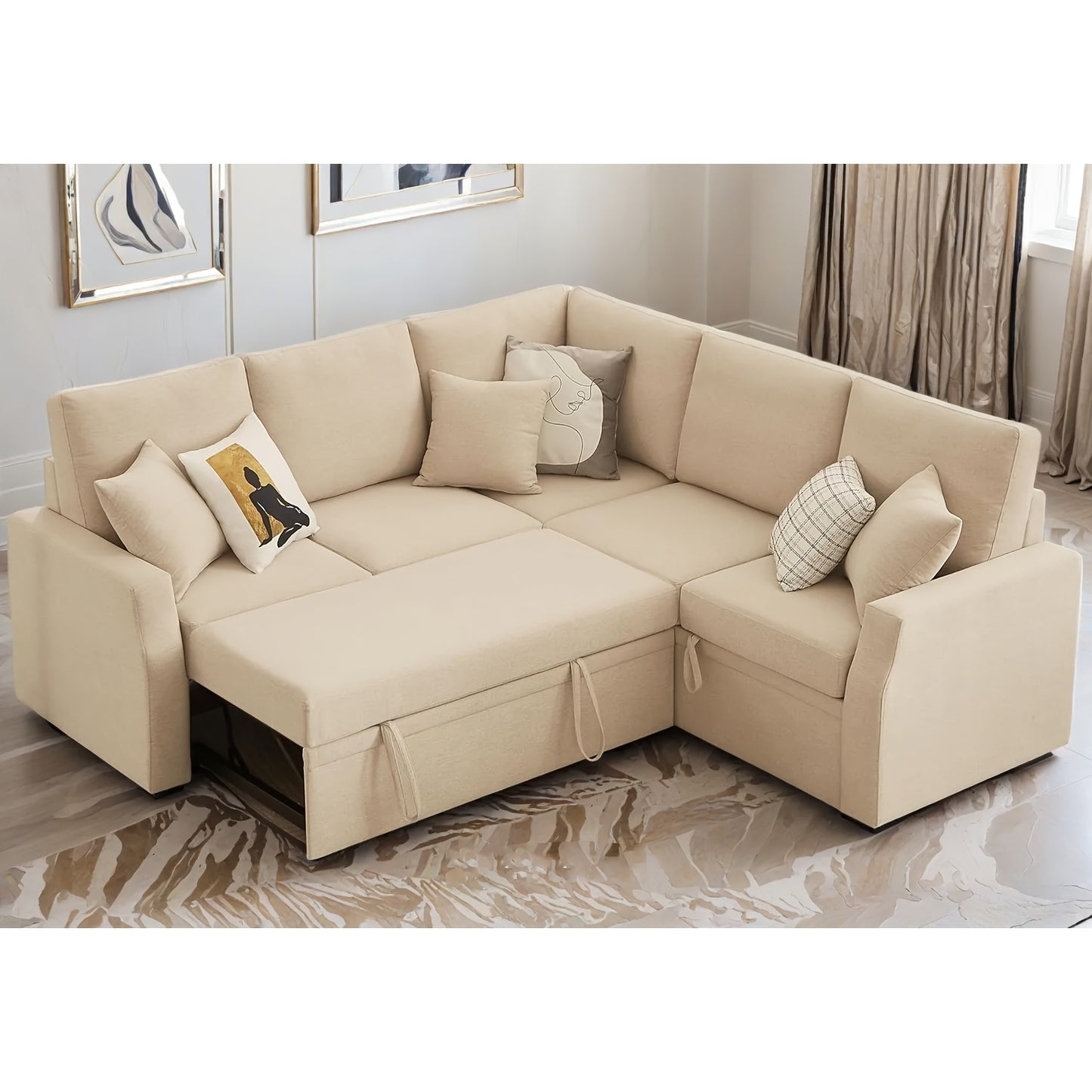 L-Shaped Sleeper Sofa, 85-Inch Beige Linen Fabric Sofa Bed With Pull-Out Bed And Storage Seat For Apartment Living Room, Corner Sectional Couch