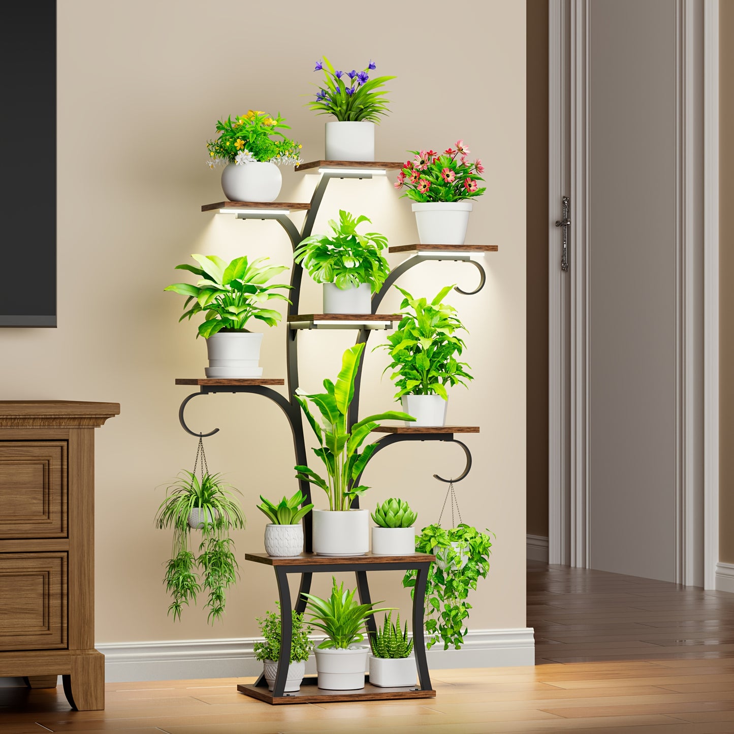 1pc Indoor Plant Stand With Grow Lights, 8-tier Corner Small Display Stand 47" Multi-functional Metal Display Shelf For Plants Handicraft, Tree-shaped Plant Shelf For Living Room Balcony Multiple Scenarios, Home Decor, Good G