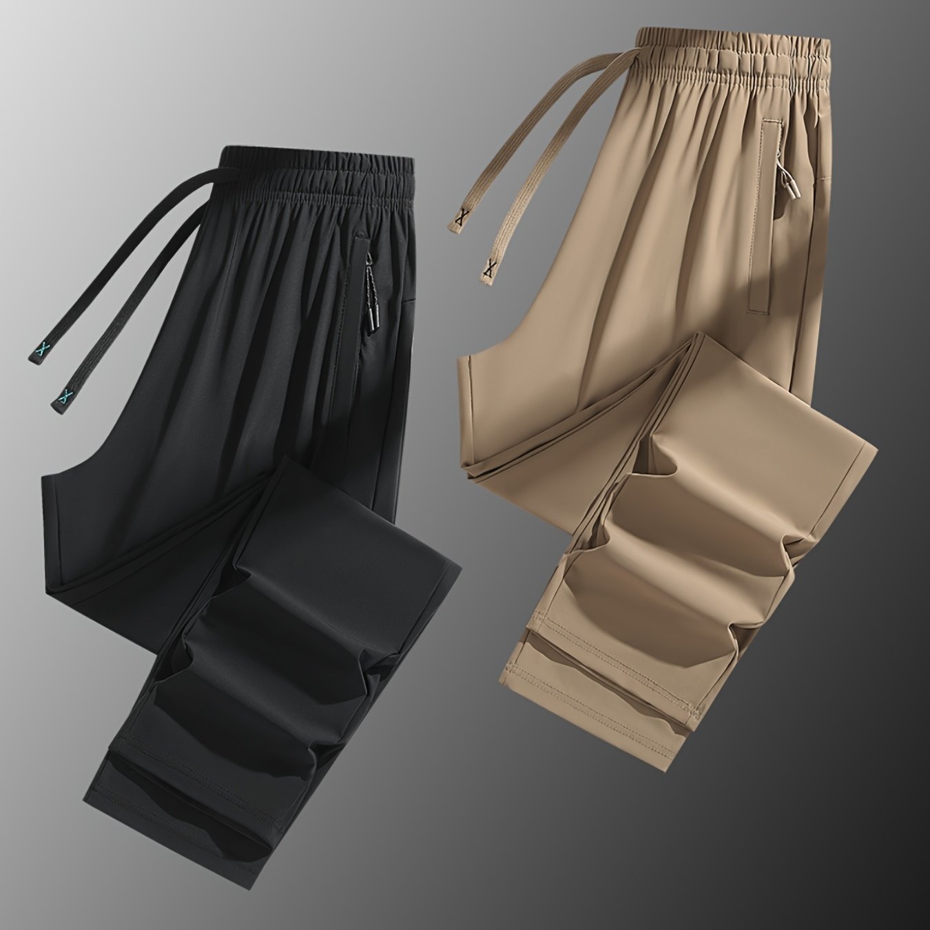 Two Pairs Of Summer Women's Long Pants, Solid-color Pants for Women, Elastic Drawstrings At The Waist, Hidden Zipper Pockets, Straight-leg Pants with Nylon And Spandex Medium-elastic Fabric, Ice Silky Quick-drying Pants, Wome