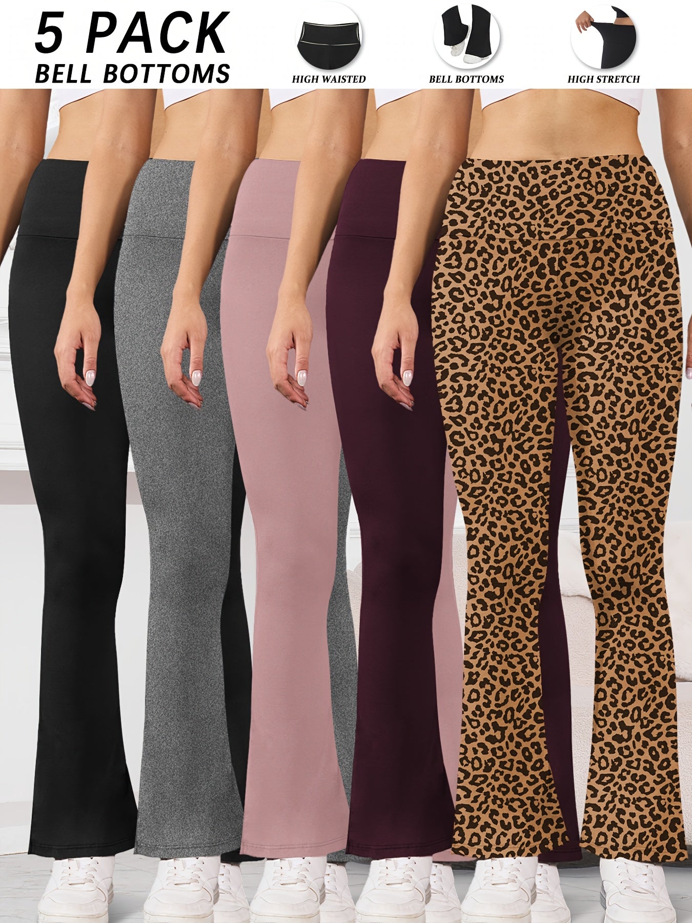 5pcs Women's Ultra-Soft High-Waist Flare Leggings - Tummy Control, Stretchy Bootcut Pants for Cycling & Sports, Available in 2 Colors