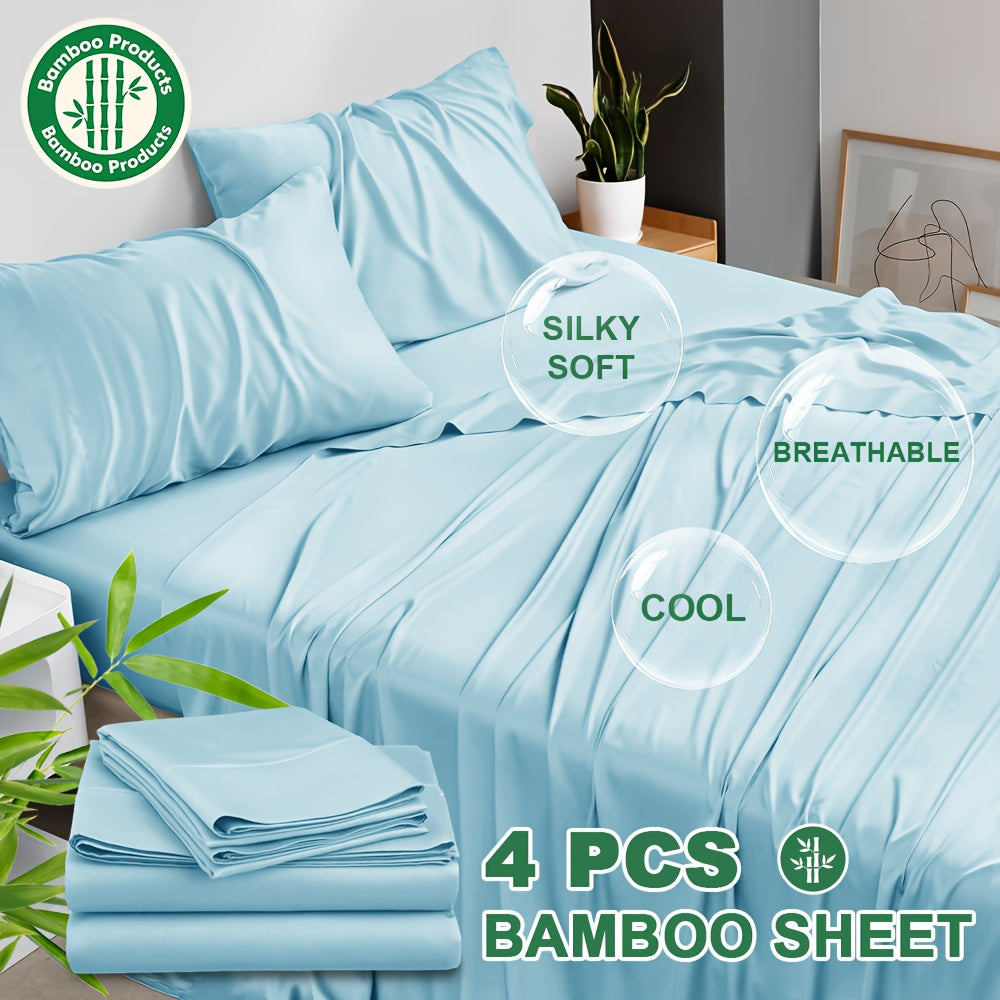 4pcs Cooling Bamboo Blend Bed Sheet Set, Deep Pocket 20" Bed Sheet, Creating A Five Star Hotel Like Luxurious Experience, Deep Pockets (Up To 20"), Wrinkle, Fade, Fitted Sheet+Flat Sheet+Pillowcase