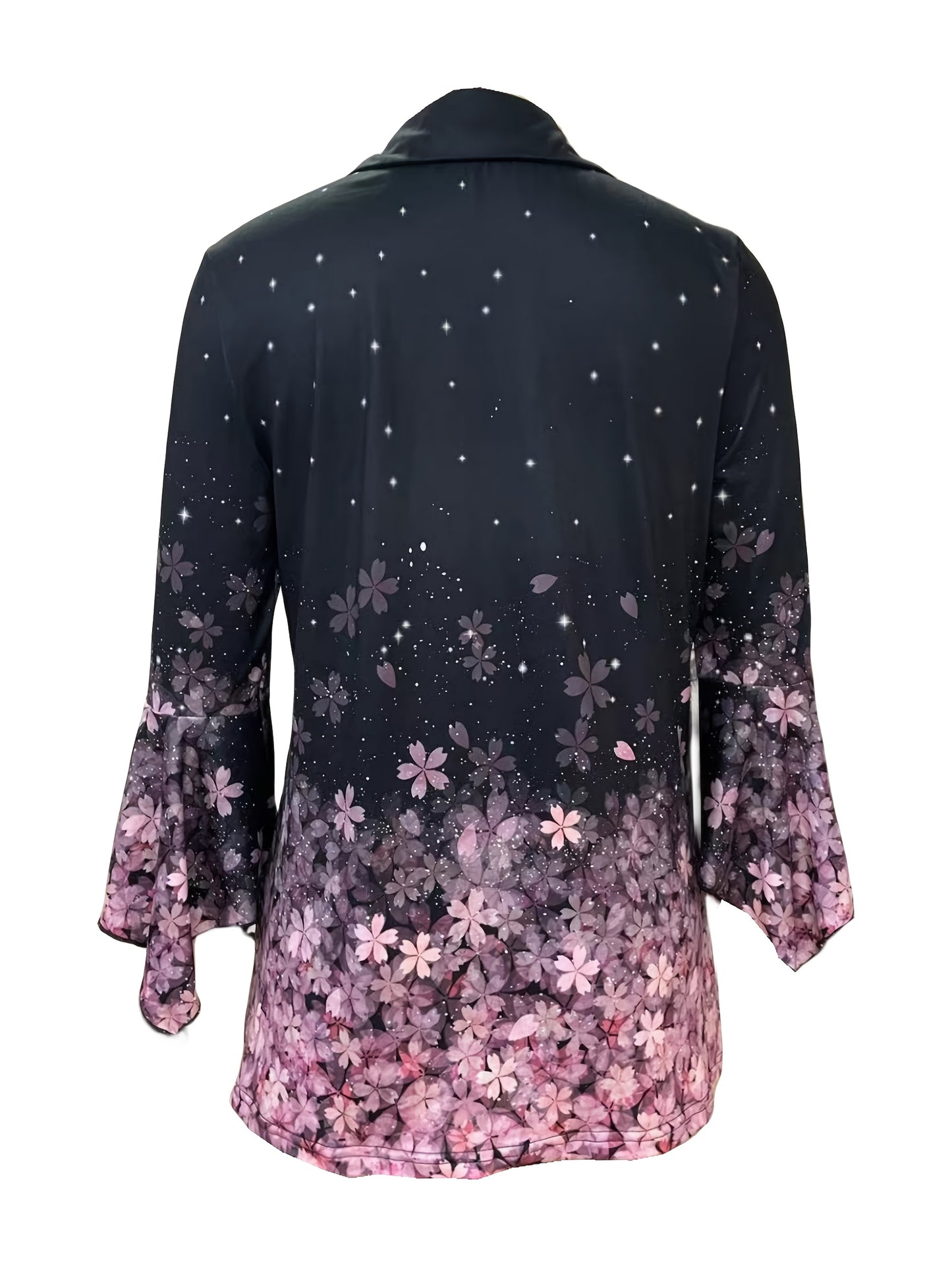 Spring And Autumn New Women Printed Lapel Three-quarter Sleeve T-shirt Irregular Sleeve Button-up Top