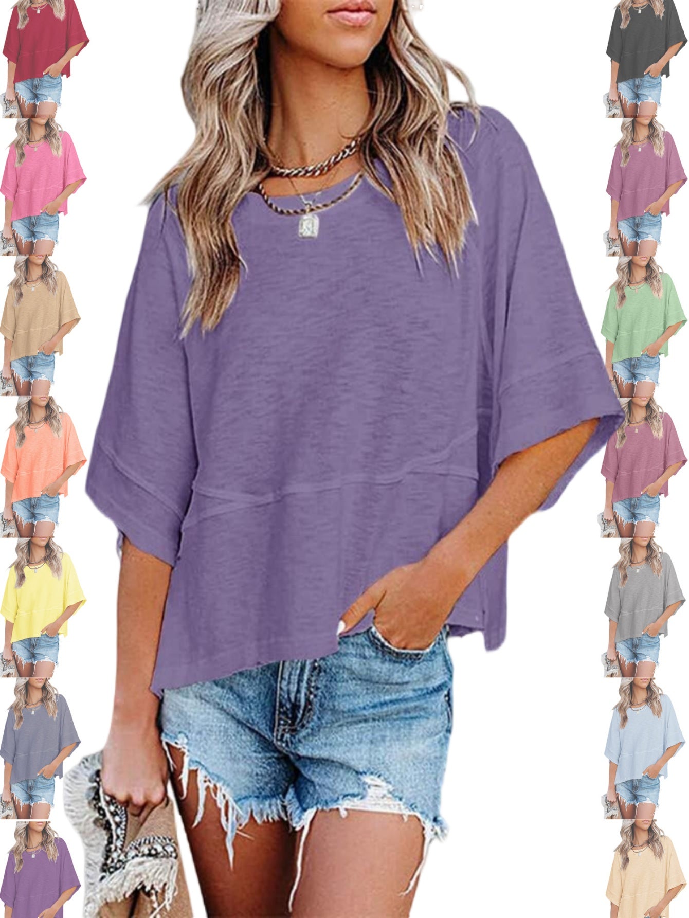 Women's Casual Summer Batwing T-Shirt - Loose Fit Half Sleeve Crewneck Top, Solid Color Flowy Blouse, Cute & Comfortable Machine-Washable Basic Tee for Casual Attire, Ladies T Shirts, Relaxed Summer Top, Simple Stylish Top, S