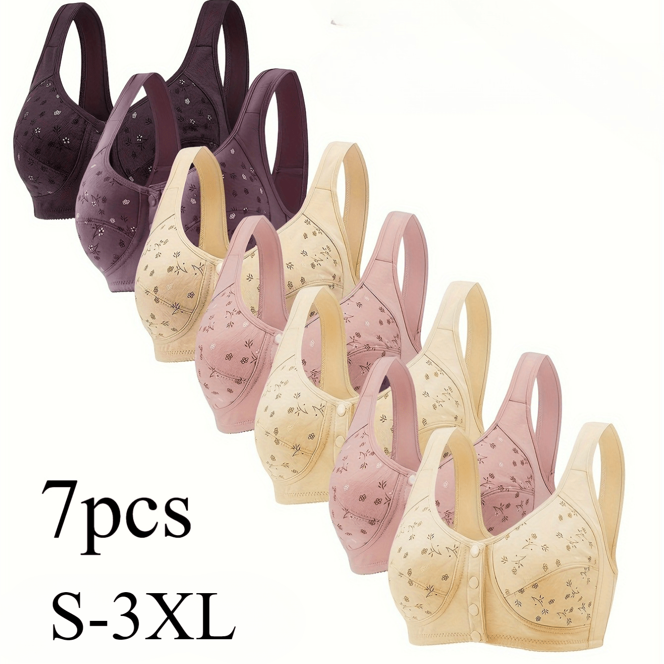 7pcs Bra Set for Women Floral Print Button Front Non-Padded Wireless Bra, Comfortable and Breathable, Suitable for Outdoor, Daily, Leisure, Sports, Party, Festival, etc.