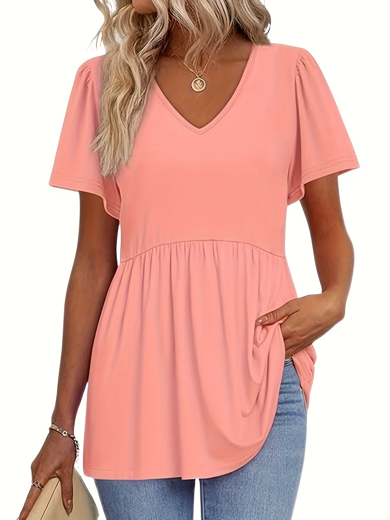[Summer T-Shirts] 3pcs Lightweight Women's Summer V-Neck T-Shirts | Casual Short Sleeve Ruffle Hem Tee, Solid Color Polyester Blend Fabric for Daily & Party Wear