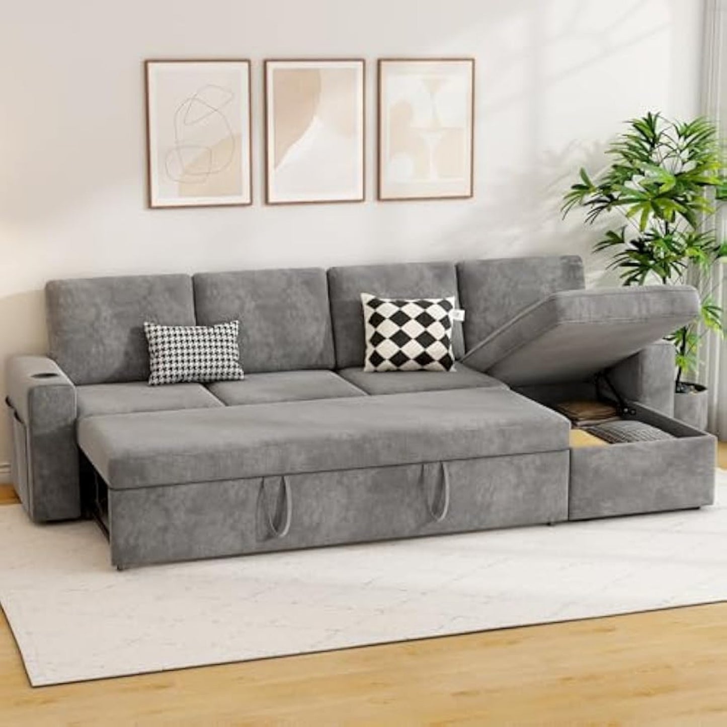 103" Extra Large L-Shaped Sectional Sleeper Sofa Bed with Storage Chaise - Convertible Pull-Out Couch, Cup Holders, Space-Saving Sleeper Sofa for Living Room, Apartment, Guest Room - Modern Sectional Furniture in Neutral Grey