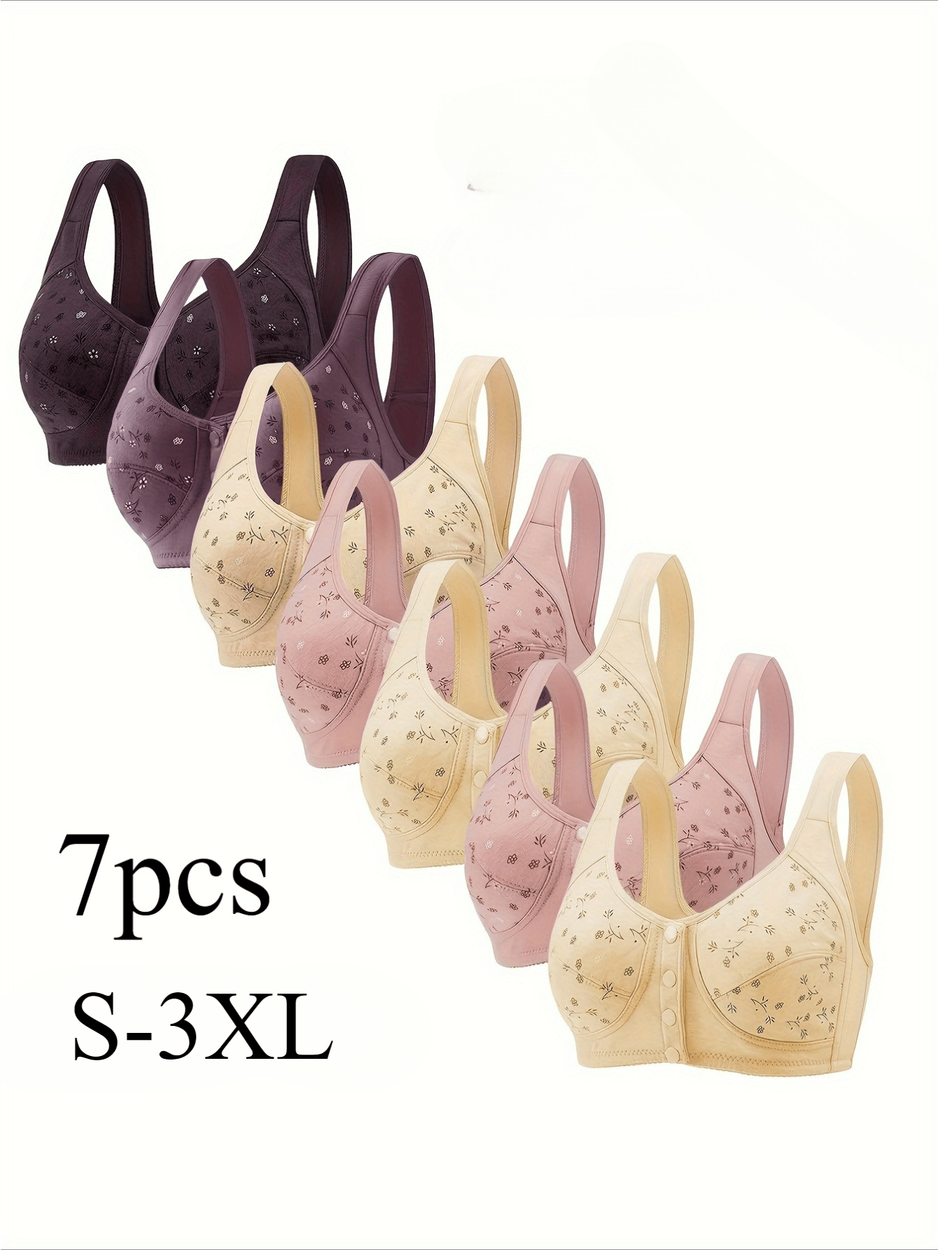 7pcs Bra Set for Women Floral Print Button Front Non-Padded Wireless Bra, Comfortable and Breathable, Suitable for Outdoor, Daily, Leisure, Sports, Party, Festival, etc.