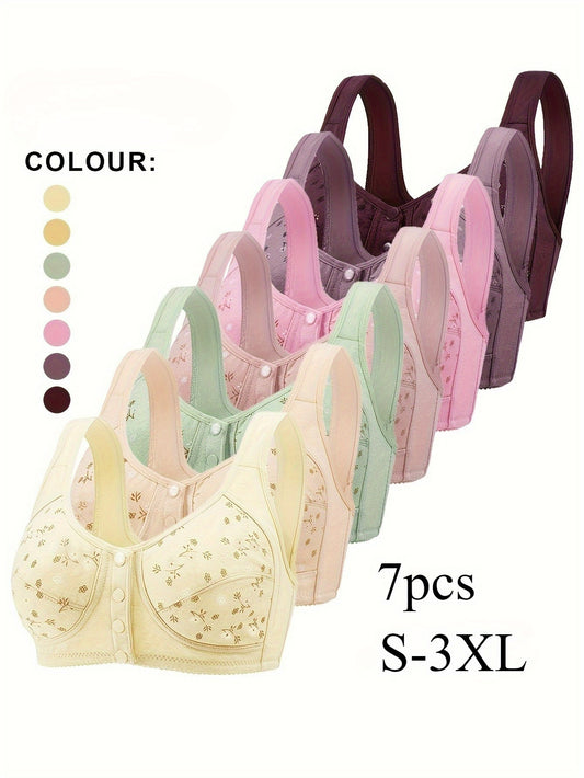 7pcs Bra Set for Women Floral Print Button Front Non-Padded Wireless Bra, Comfortable and Breathable, Suitable for Outdoor, Daily, Leisure, Sports, Party, Festival, etc.