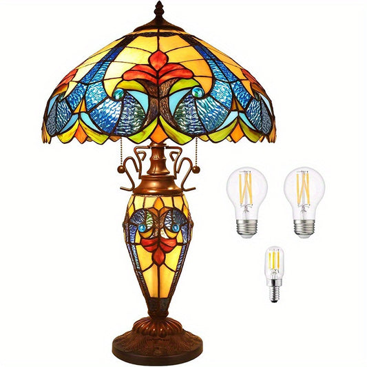 1pc Modern Stained Glass Table Lamp, 24" American-Inspired LED Night Light, Elegant Home Decor, 3 Warm White Bulbs, US Plug, 110-130V, Non-Dimmable, No Battery, for Living Room & Bedroom