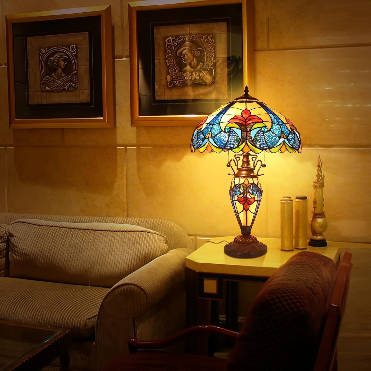 1pc Modern Stained Glass Table Lamp, 24" American-Inspired LED Night Light, Elegant Home Decor, 3 Warm White Bulbs, US Plug, 110-130V, Non-Dimmable, No Battery, for Living Room & Bedroom
