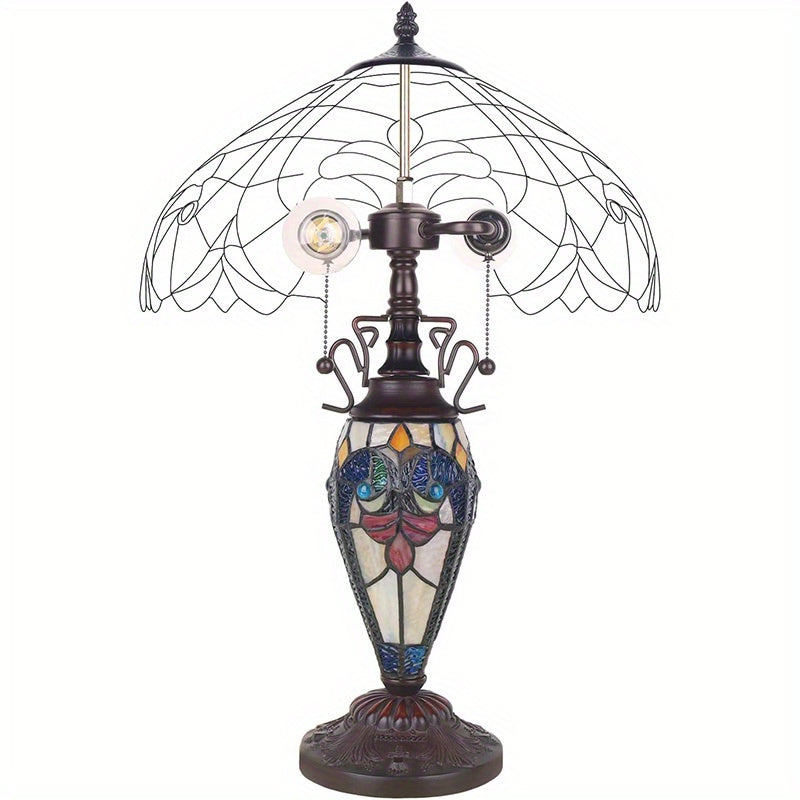 1pc Modern Stained Glass Table Lamp, 24" American-Inspired LED Night Light, Elegant Home Decor, 3 Warm White Bulbs, US Plug, 110-130V, Non-Dimmable, No Battery, for Living Room & Bedroom
