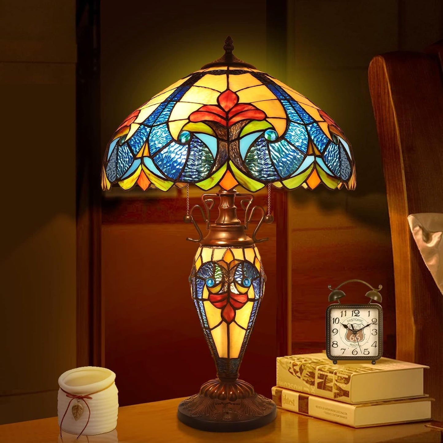 1pc Modern Stained Glass Table Lamp, 24" American-Inspired LED Night Light, Elegant Home Decor, 3 Warm White Bulbs, US Plug, 110-130V, Non-Dimmable, No Battery, for Living Room & Bedroom