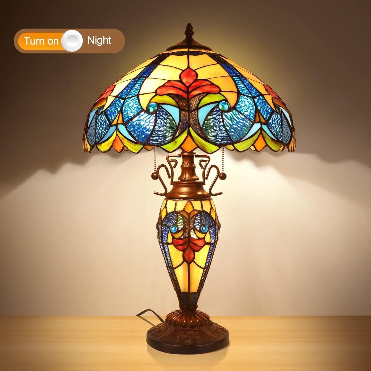 1pc Modern Stained Glass Table Lamp, 24" American-Inspired LED Night Light, Elegant Home Decor, 3 Warm White Bulbs, US Plug, 110-130V, Non-Dimmable, No Battery, for Living Room & Bedroom