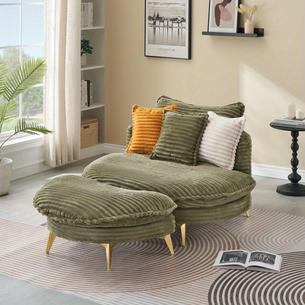 Big Lazy Sofa with Footstool, Corduroy Single Sofa Chair with 3 pillows and 1 Footstool, Big Sofa Chair for Apartment Office Living Room Studio -Beige, 65'' L