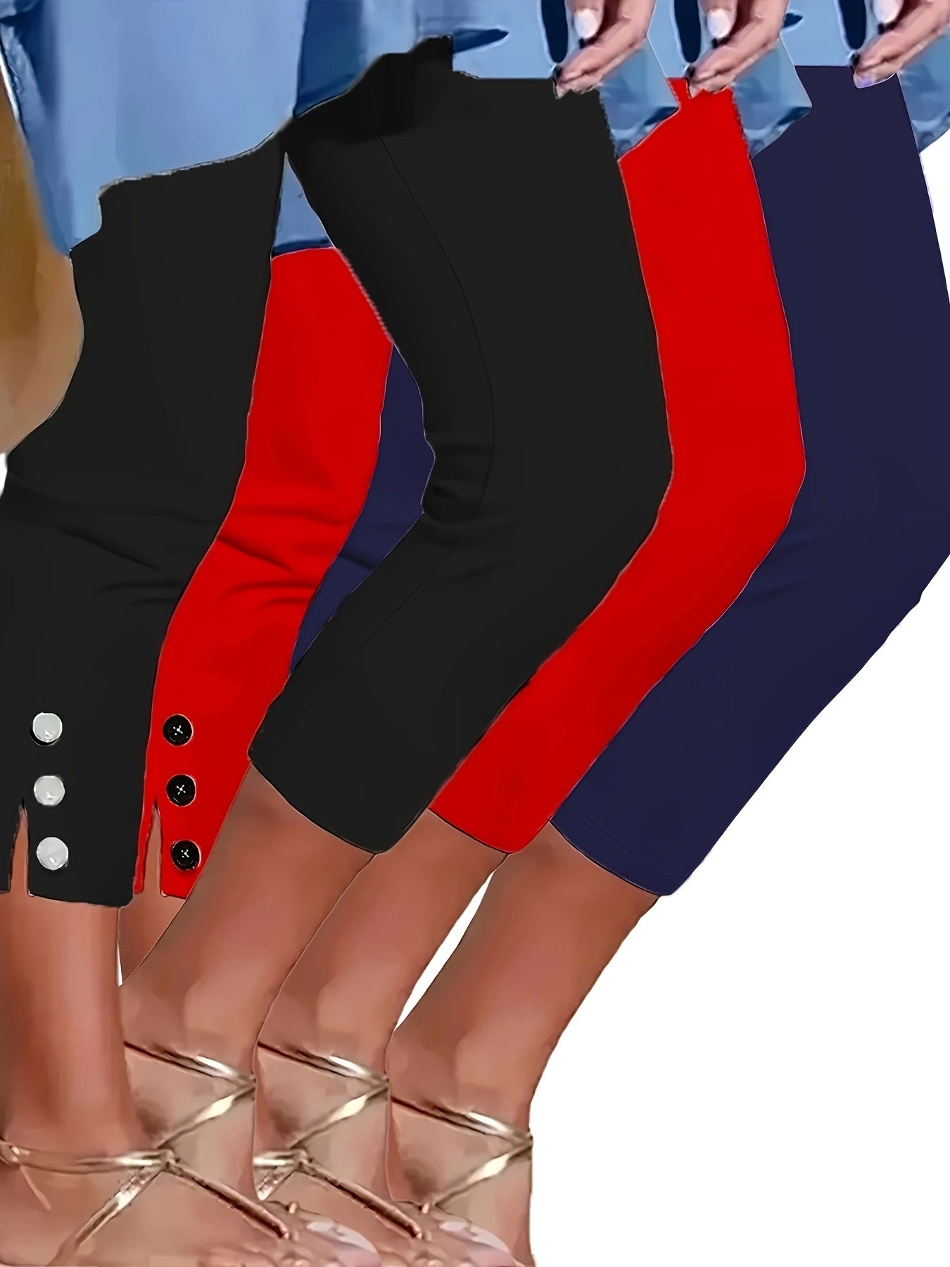 3pcs Set Of Women's High Waisted Capri Leggings - High Stretch Fake Button Details, 3 Solid Colors (black, Navy Blue, Red), Machine Washable for Casual Outdoor Wear In Spring, Summer, Autumn, High Waisted Leggings, Seasonal F