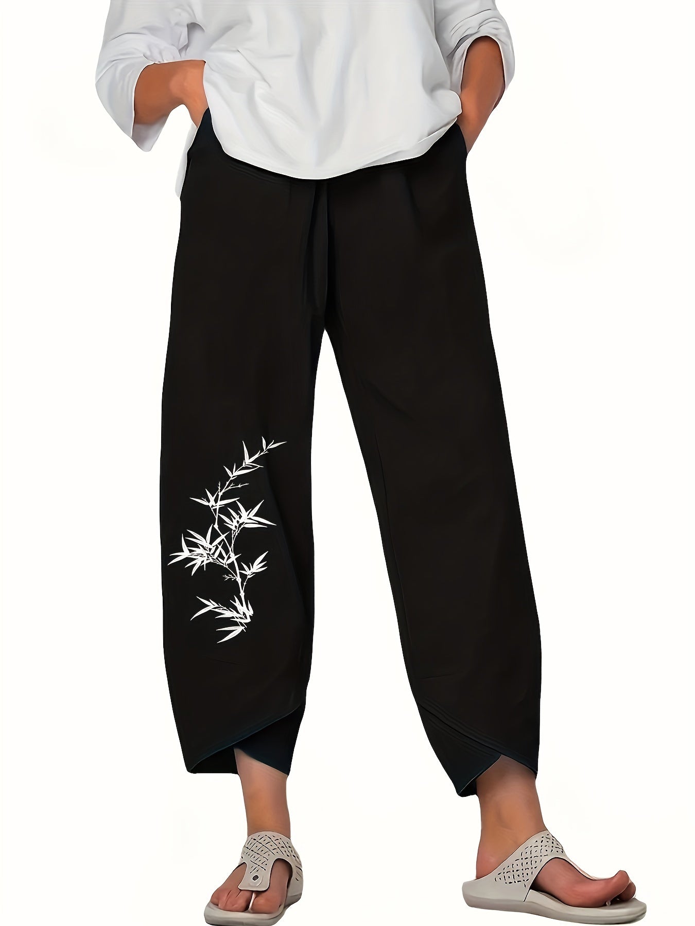 Vacation Trendy Super Popular Casual Elastic Waist Simple Slant Pocket Print Nine-Pants Women's Clothing