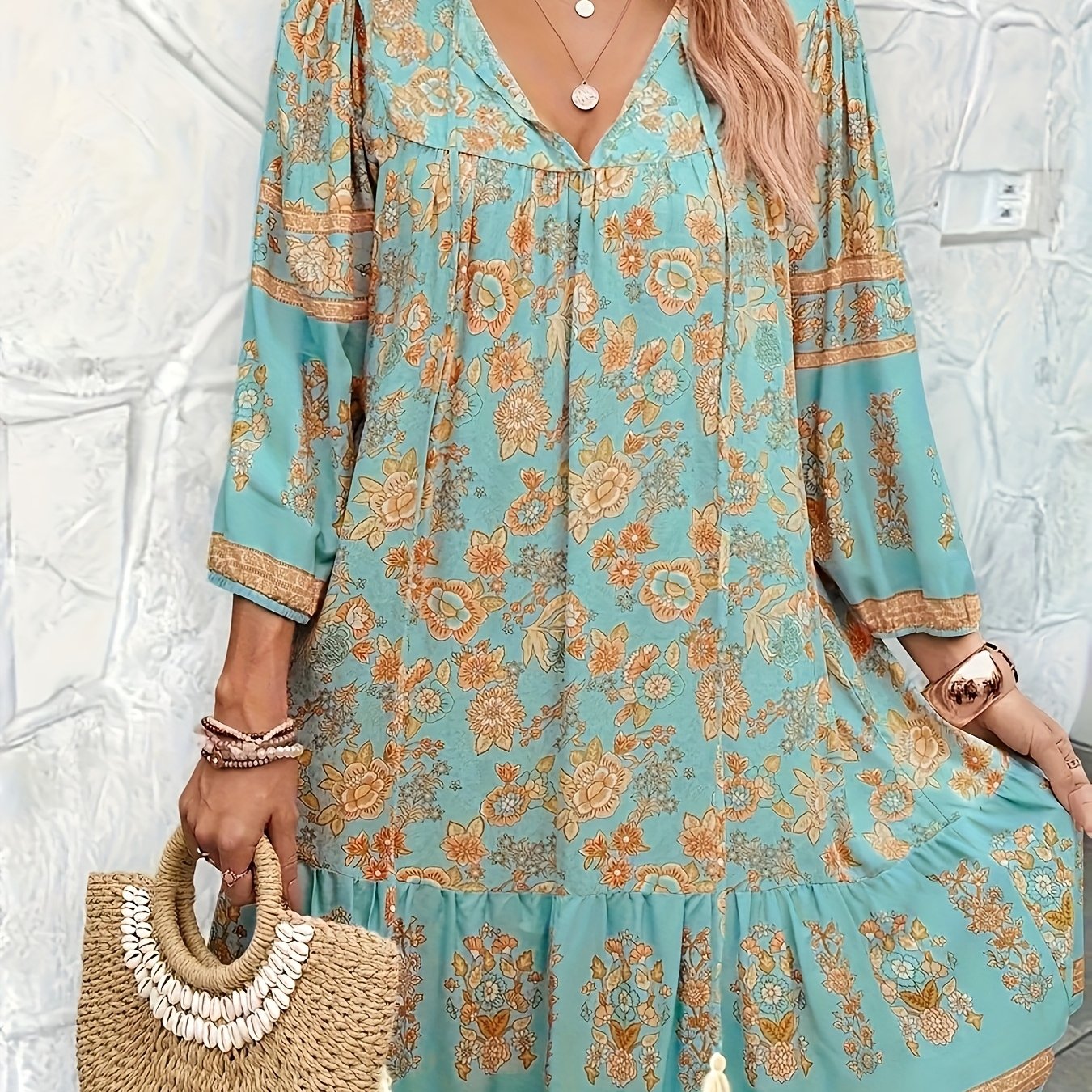 Ladies' floral print holiday stylish Su tie dress
