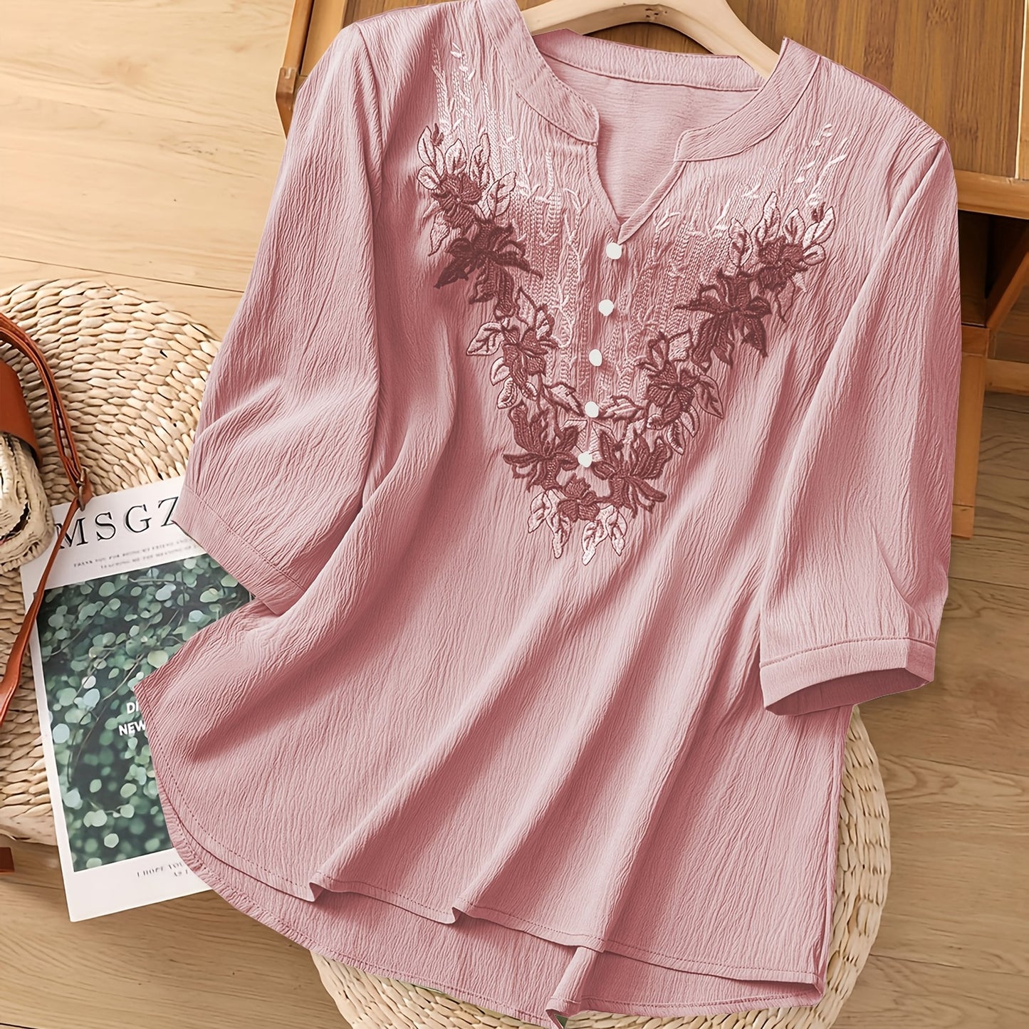 Women'S Elegant Floral blouse - Light Blue V-Neck Blouse with Floral pattern, Three-fourth Sleeve Non-See-Through Shirt for Office, Wedding, Party - Spring/Fall/Summer Everyday & Formal Tops, Floral Print Blouse, Seasonal Fas