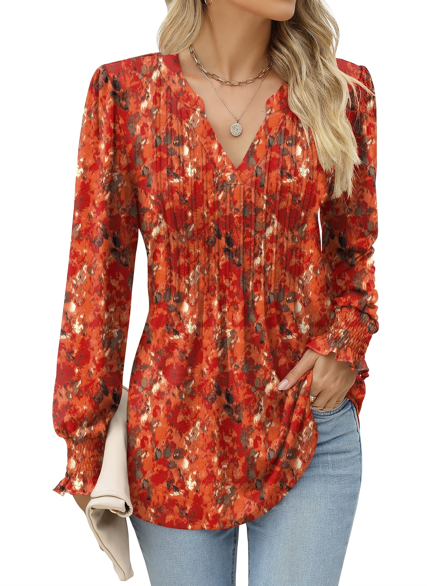 Women's Casual Floral Print Long Sleeve Top Pleated Waist Fashion Versatile Loose Pleated T-Shirt