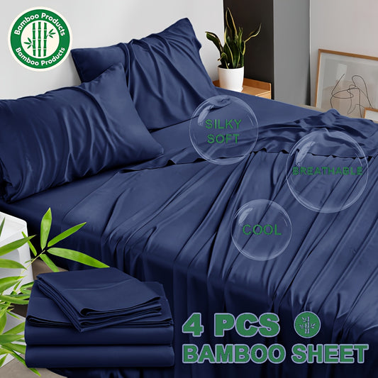 4pcs Cooling Bamboo Blend Bed Sheet Set, Deep Pocket 20" Bed Sheet, Creating A Five Star Hotel Like Luxurious Experience, Deep Pockets (Up To 20"), Wrinkle, Fade, Fitted Sheet+Flat Sheet+Pillowcase