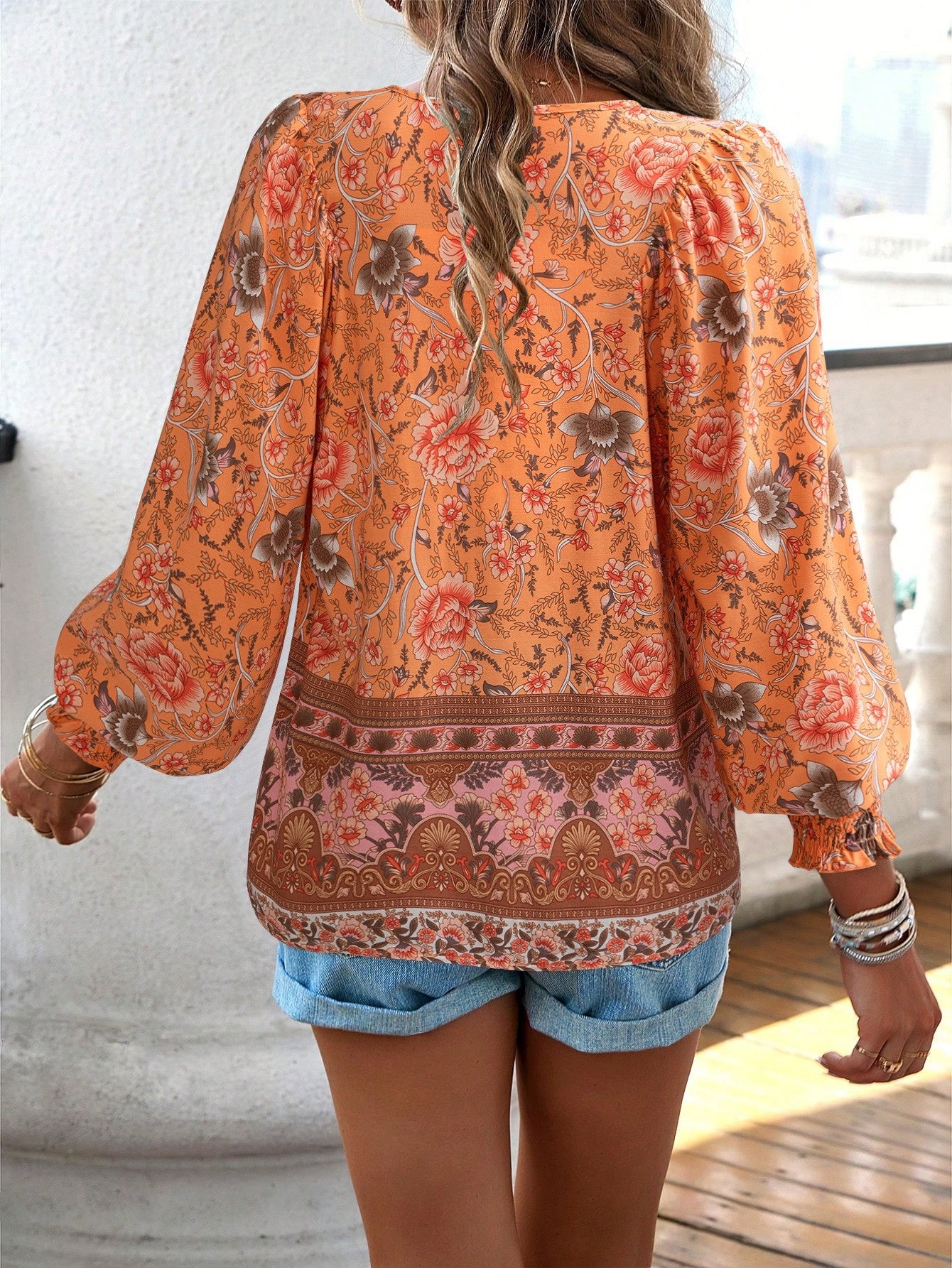 Women's Bohemian Floral Print V-Neck Long Sleeve Blouse - Elegant All-Season Top with Multicolor Blue Pink Green Purple Orange Yellow White Patterns, Lace-Up Front & Machine Washable Shirt for Beach Vacation & Casual Attire,