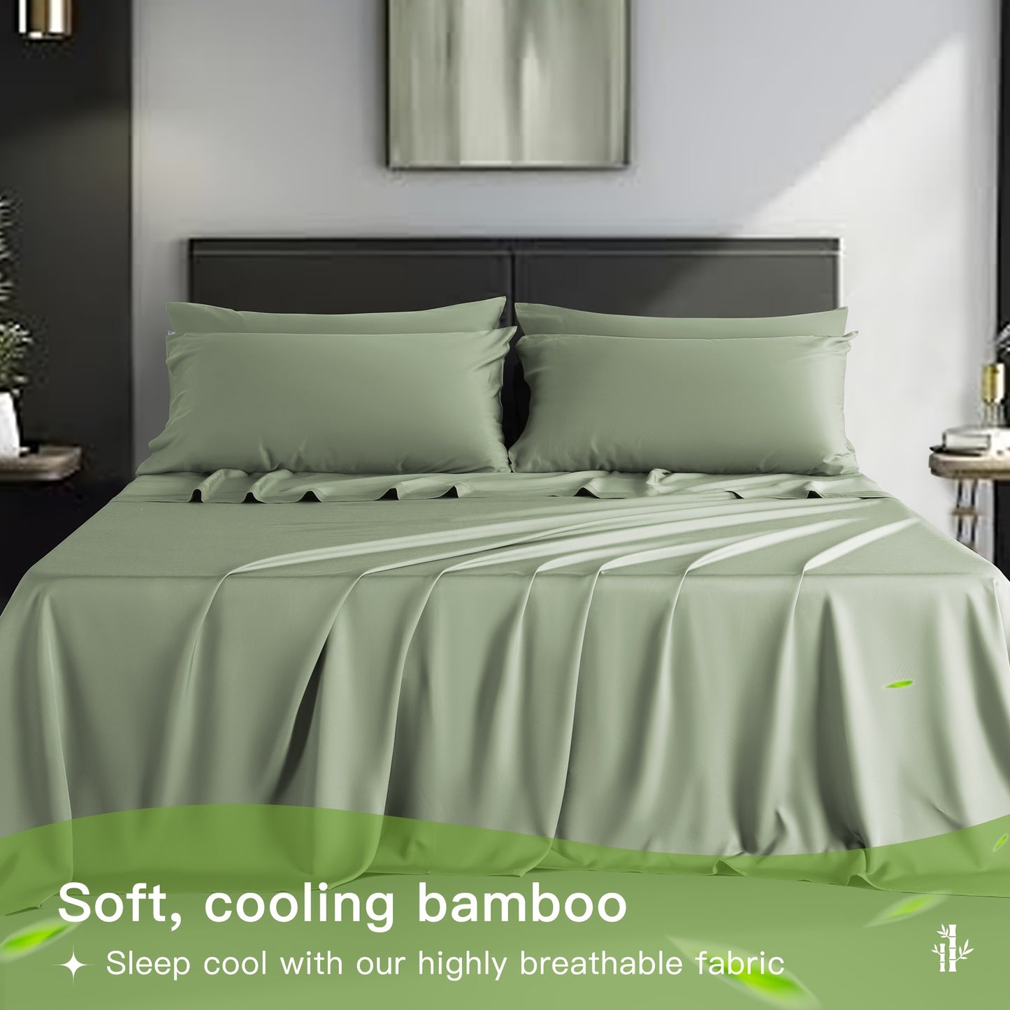 LBRO2M 4/6pcs Bamboo Bed Sheets Set, Luxury Silky Breathable Sheet Set, Ultra Soft Sheet for Hot Sleepers, 16" Deep Pocket, California King/King/Queen/Full