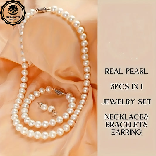 Freshwater Pearls Jewelry Set - Earrings + Bracelet + Necklace, Teenager&Apos;S High Quality Gift Set, Birthday Gift, Mother&Apos;S Day Gift, Halloween Thanksgiving Christmas Gift, Gift Box, For Teenager