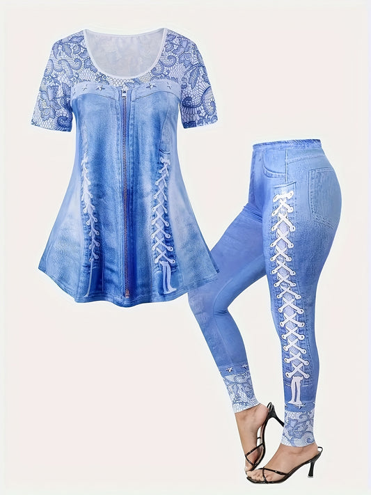 Plus Size 3D Printed Round Neck Casual Short Sleeve T-Shirt And Fitted Long Pants Set - [imitation denim